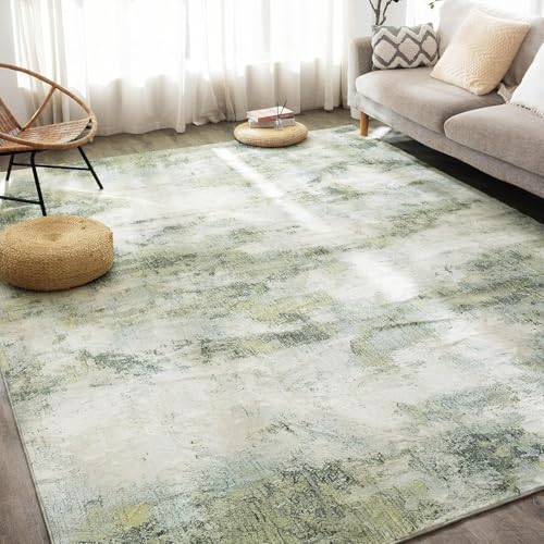 Rug-QJDDUP Teppich Flur Eingangsbereich 70 x 140 cm Anti-Rutsch Waschbarer Kurzflor Teppiche für küchen Schlafzimmer Esszimmer Bettvorleger Moderne abstrakte Tinte grün gelb von Rug-QJDDUP