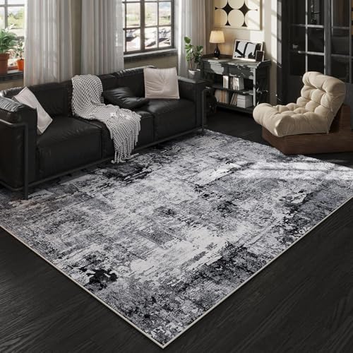 Rug-QJDDUP Teppich Flur Eingangsbereich 70 x 140 cm Anti-Rutsch Waschbarer Kurzflor Teppiche für küchen Schlafzimmer Esszimmer Bettvorleger Moderne abstrakte Tinte schwarz grau von Rug-QJDDUP