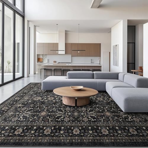 Rug-QJDDUP Teppich Flur Eingangsbereich 70 x 140 cm Anti-Rutsch Waschbarer Kurzflor Teppiche für küchen Schlafzimmer Esszimmer Bettvorleger Modernes Retro-Blumenmuster in Schwarz von Rug-QJDDUP