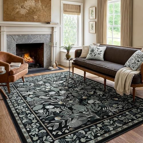 Rug-QJDDUP Teppich Flur Eingangsbereich 70 x 140 cm Anti-Rutsch Waschbarer Kurzflor Teppiche für küchen Schlafzimmer Esszimmer Bettvorleger Modernes Retro-Blumenmuster in Schwarz von Rug-QJDDUP
