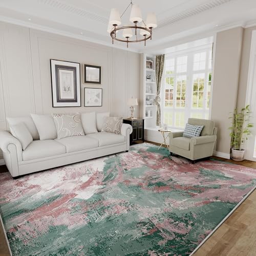 Rug-QJDDUP Teppich Flur Eingangsbereich 70 x 140 cm Anti-Rutsch Waschbarer Kurzflor Teppiche für küchen Schlafzimmer Esszimmer Bettvorleger Modernes abstraktes Aquarell grün rosa von Rug-QJDDUP
