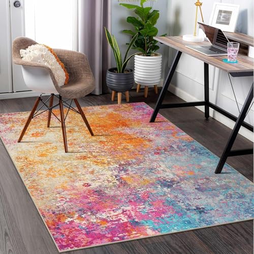 Rug-QJDDUP Teppich Flur Eingangsbereich 70 x 140 cm Anti-Rutsch Waschbarer Kurzflor Teppiche für küchen Schlafzimmer Esszimmer Bettvorleger Modernes abstraktes Aquarell orange blau von Rug-QJDDUP