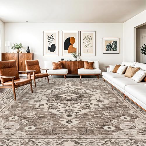 Rug-QJDDUP Teppich Flur Eingangsbereich 70 x 140 cm Anti-Rutsch Waschbarer Kurzflor Teppiche für küchen Schlafzimmer Esszimmer Bettvorleger Modernes florales Ethno-Braun von Rug-QJDDUP