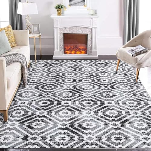 Rug-QJDDUP Teppich Flur Eingangsbereich 70 x 140 cm Anti-Rutsch Waschbarer Kurzflor Teppiche für küchen Schlafzimmer Esszimmer Bettvorleger Modernes geometrisches Grauweiß von Rug-QJDDUP