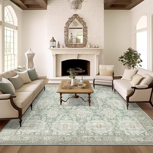 Rug-QJDDUP Teppich Flur Eingangsbereich 70 x 140 cm Anti-Rutsch Waschbarer Kurzflor Teppiche für küchen Schlafzimmer Esszimmer Bettvorleger Retro Blumengrün von Rug-QJDDUP