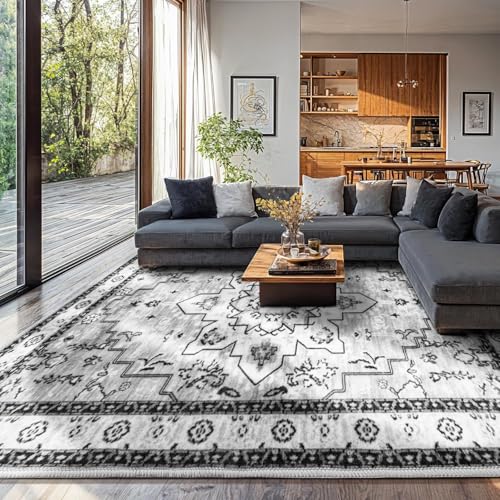 Rug-QJDDUP Teppich Flur Eingangsbereich 70 x 140 cm Anti-Rutsch Waschbarer Kurzflor Teppiche für küchen Schlafzimmer Esszimmer Bettvorleger Retro floral Ethno-Stil schwarz grau von Rug-QJDDUP
