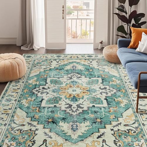 Rug-QJDDUP Teppich Großer 200 x 290 cm Teppiche Wohnzimmer Waschbar rutschfest Weiche Kurzflor Teppich für büro Schlafzimmer Arbeitszimmer Retro geometrische Blumen grün gelb Rug-QJDDUP Teppich Großer 200 x 290 cm Teppiche Wohnzimmer Waschbar rutschfest Weiche Kurzflor Teppich für büro Schlafzimmer Arbeitszimmer Retro geometrische Blumen grün gelb von Rug-QJDDUP