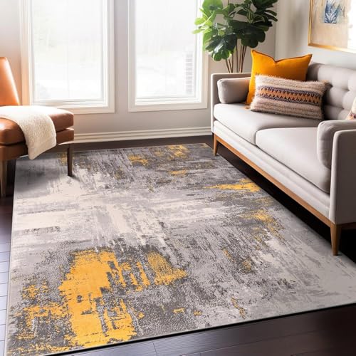 Rug-QJDDUP Teppich Großer Wohnzimmer 180 x 200 cm rutschfest Kurzflor Waschbarer Moderner Teppich für Küchen Büro Esszimmer Moderne abstrakte Tinte in Grau und Gelb Rug-QJDDUP Teppich Großer Wohnzimmer 180 x 200 cm rutschfest Kurzflor Waschbarer Moderner Teppich für Küchen Büro Esszimmer Moderne abstrakte Tinte in Grau und Gelb von Rug-QJDDUP