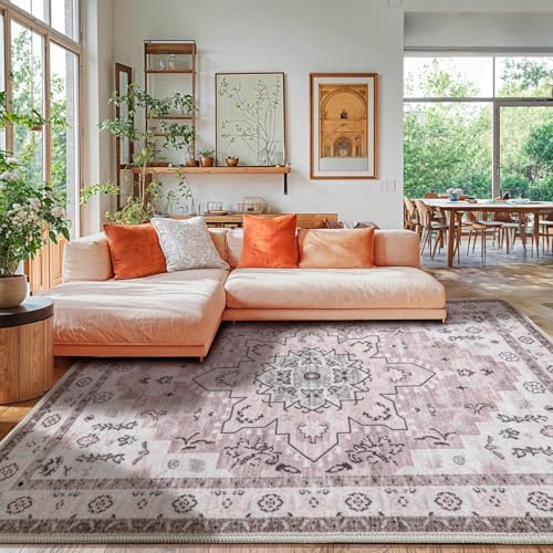 Rug-QJDDUP Teppich Großer Wohnzimmer 180 x 200 cm rutschfest Kurzflor Waschbarer Moderner Teppich für Küchen Büro Esszimmer Retro floral Ethno-Stil rosa grau von Rug-QJDDUP