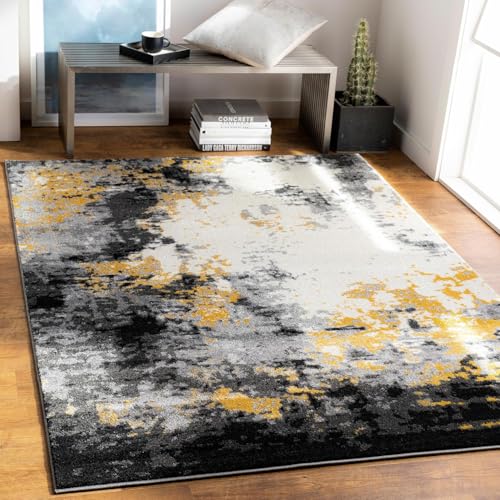 Rug-QJDDUP Teppich Läufer Flur 100 x 160 cm rutschfest Washchbar Küchenteppich Modern Weich Kurzflor für Wohnzimmer Schlafzimmer Moderne abstrakte Tinte schwarz grau gelb von Rug-QJDDUP