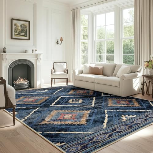 Rug-QJDDUP Teppich Läufer Flur 100 x 160 cm rutschfest Washchbar Küchenteppich Modern Weich Kurzflor für Wohnzimmer Schlafzimmer Moderner geometrischer Ethno-Stil in Blau und Gelb von Rug-QJDDUP