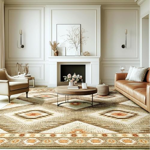 Rug-QJDDUP Teppich Wohnzimmer 110 x 190 cm Rutschfester Teppich Kurzflor maschinenwaschbar für Flur und Schlafzimmer Moderner geometrischer Ethno-Stil, gelbbraun von Rug-QJDDUP