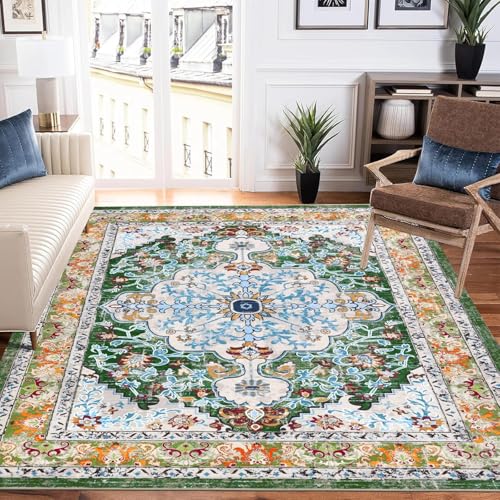 Rug-QJDDUP Teppich Wohnzimmer 110 x 190 cm Rutschfester Teppich Kurzflor maschinenwaschbar für Flur und Schlafzimmer Retro Blumen grün orange blau von Rug-QJDDUP