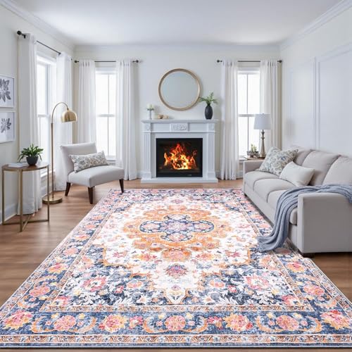 Rug-QJDDUP Teppich Wohnzimmer 130 x 160 cm Teppich Weich rutschfest Waschbar Kurzflor Küchenläufer Pflegeleicht für Flur Schlafzimmer Modernes Blumenmuster in Orange und Blau Rug-QJDDUP Teppich Wohnzimmer 130 x 160 cm Teppich Weich rutschfest Waschbar Kurzflor Küchenläufer Pflegeleicht für Flur Schlafzimmer Modernes Blumenmuster in Orange und Blau von Rug-QJDDUP