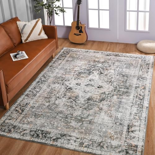 Rug-QJDDUP Teppich Wohnzimmer 130 x 160 cm Teppich Weich rutschfest Waschbar Kurzflor Küchenläufer Pflegeleicht für Flur Schlafzimmer Retro Ethno-Stil Graubraun von Rug-QJDDUP