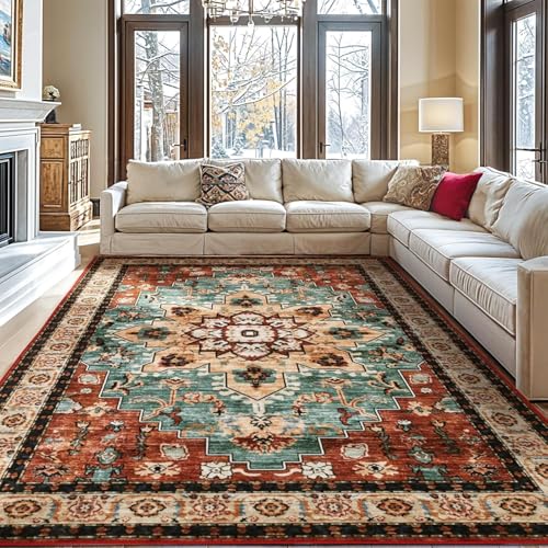 Rug-QJDDUP Teppich Wohnzimmer 130 x 160 cm Teppich Weich rutschfest Waschbar Kurzflor Küchenläufer Pflegeleicht für Flur Schlafzimmer Retro floral Ethno-Stil rot blau von Rug-QJDDUP