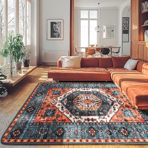 Rug-QJDDUP Teppich Wohnzimmer 130 x 160 cm Teppich Weich rutschfest Waschbar Kurzflor Küchenläufer Pflegeleicht für Flur Schlafzimmer Retro geometrischen ethnischen Stil blau orange von Rug-QJDDUP
