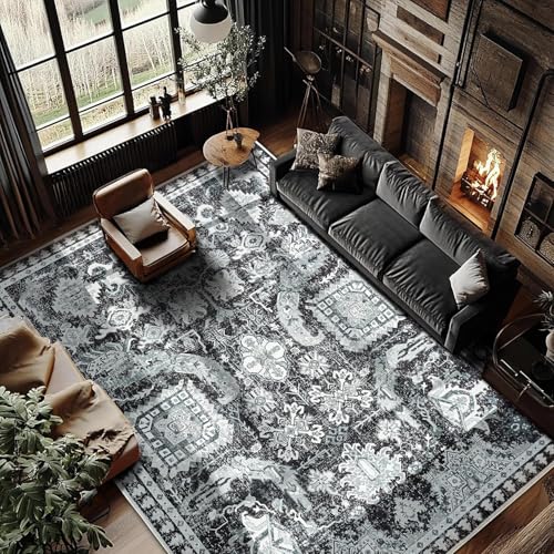 Rug-QJDDUP Teppich Wohnzimmer 130 x 180 cm Moderner Schlafzimmer rutschfest Weiche Kurzflor Teppich für Esszimmer Flur büro Retro Blumen Schwarz Grau von Rug-QJDDUP