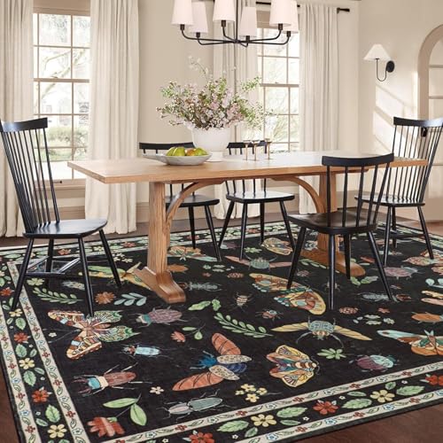 Rug-QJDDUP Teppich Wohnzimmer 130 x 180 cm Moderner Schlafzimmer rutschfest Weiche Kurzflor Teppich für Esszimmer Flur büro modern floral schwarz gelb grün von Rug-QJDDUP
