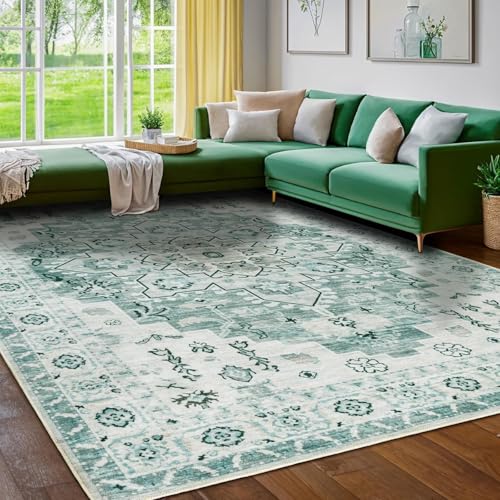 Rug-QJDDUP Teppich Wohnzimmer 140 x 160 cm Teppiche rutschfest Modern Kurzflor für Schlafzimmer Raumdekoration Teppich Bereich Retro floral Ethno-Stil grün beige von Rug-QJDDUP
