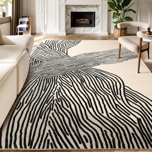 Rug-QJDDUP Teppich Wohnzimmer 150 x 180 cm Teppiche Modern Waschbarer rutschfest Kurzflor Weich Teppich für Schlafzimmer Esszimmer Flur Moderne Linien beige schwarz von Rug-QJDDUP