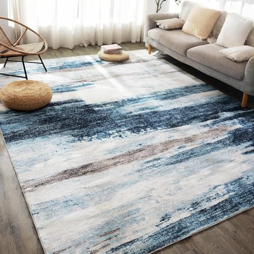 Rug-QJDDUP Teppich Wohnzimmer 150 x 180 cm Teppiche Modern Waschbarer rutschfest Kurzflor Weich Teppich für Schlafzimmer Esszimmer Flur Moderne abstrakte Tinte blau grau von Rug-QJDDUP