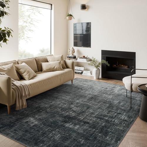 Rug-QJDDUP Teppich Wohnzimmer 150 x 180 cm Teppiche Modern Waschbarer rutschfest Kurzflor Weich Teppich für Schlafzimmer Esszimmer Flur Moderne abstrakte Tinte schwarz grau von Rug-QJDDUP