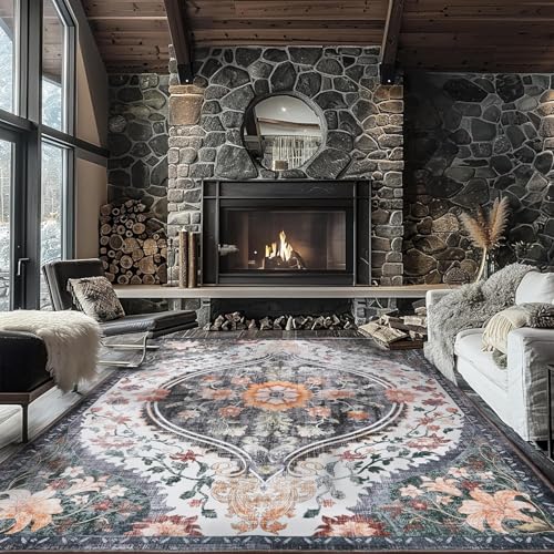 Rug-QJDDUP Teppich Wohnzimmer 150 x 180 cm Teppiche Modern Waschbarer rutschfest Kurzflor Weich Teppich für Schlafzimmer Esszimmer Flur Modernes Retro-Blumenmuster in Grau-Orange Rug-QJDDUP Teppich Wohnzimmer 150 x 180 cm Teppiche Modern Waschbarer rutschfest Kurzflor Weich Teppich für Schlafzimmer Esszimmer Flur Modernes Retro-Blumenmuster in Grau-Orange von Rug-QJDDUP