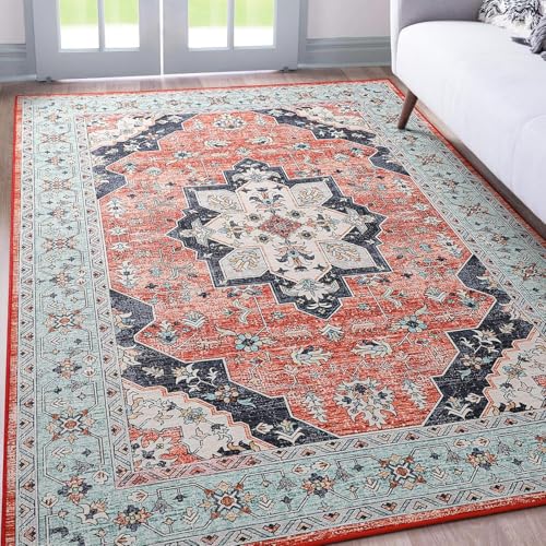 Rug-QJDDUP Teppich Wohnzimmer 150 x 180 cm Teppiche Modern Waschbarer rutschfest Kurzflor Weich Teppich für Schlafzimmer Esszimmer Flur Retro Blumen blau rosa von Rug-QJDDUP