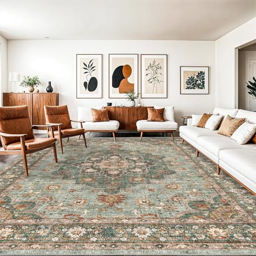 Rug-QJDDUP Teppich Wohnzimmer 150 x 180 cm Teppiche Modern Waschbarer rutschfest Kurzflor Weich Teppich für Schlafzimmer Esszimmer Flur Retro Blumen grün braun von Rug-QJDDUP