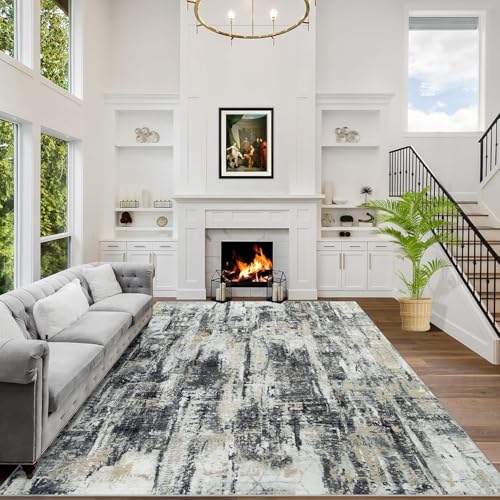 Rug-QJDDUP Teppich Wohnzimmer 150 x 200 cm Rutschfester Weich maschinenwaschbar Teppich für Küche Flur Esszimmer Schlafzimmer Moderne abstrakte Tinte schwarz grau gelb von Rug-QJDDUP