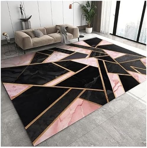Rug-QJDDUP Teppich Wohnzimmer 150 x 200 cm Rutschfester Weich maschinenwaschbar Teppich für Küche Flur Esszimmer Schlafzimmer Moderne abstrakte geometrische rosa schwarz von Rug-QJDDUP