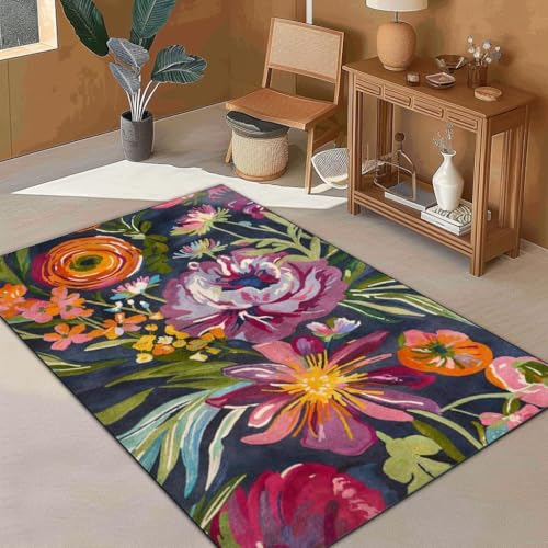 Rug-QJDDUP Teppich Wohnzimmer 150 x 200 cm Rutschfester Weich maschinenwaschbar Teppich für Küche Flur Esszimmer Schlafzimmer Modernes Blumenmuster in Grün, Braun und Orange von Rug-QJDDUP