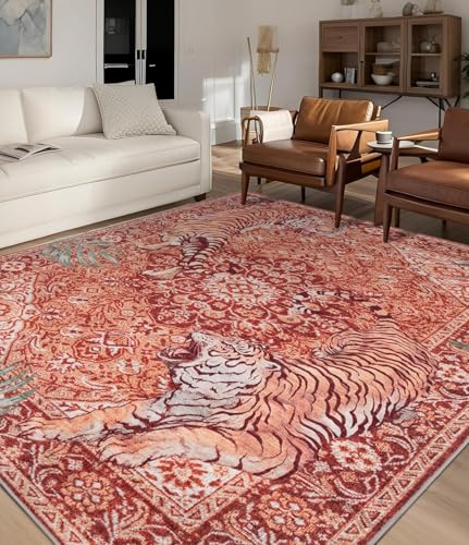 Rug-QJDDUP Teppich Wohnzimmer 150 x 200 cm Rutschfester Weich maschinenwaschbar Teppich für Küche Flur Esszimmer Schlafzimmer Modernes abstraktes Orangerot von Rug-QJDDUP