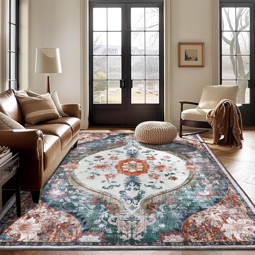 Rug-QJDDUP Teppich Wohnzimmer 150 x 200 cm Rutschfester Weich maschinenwaschbar Teppich für Küche Flur Esszimmer Schlafzimmer modern Retro Blumen grün rot von Rug-QJDDUP