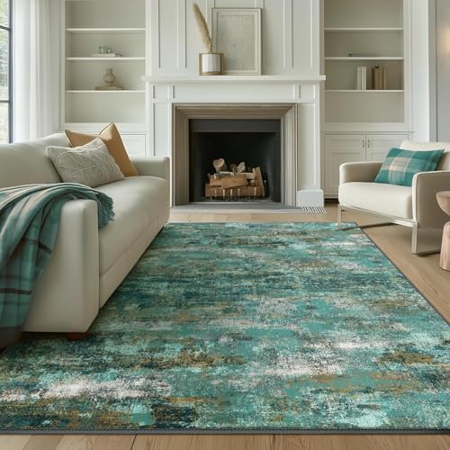 Rug-QJDDUP Teppich Wohnzimmer 160 x 180 cm Teppiche Waschbar Kurzflor rutschfest für Schlafzimmer Bettvorleger Küche Flur Moderne abstrakte Tinte grün gelb von Rug-QJDDUP