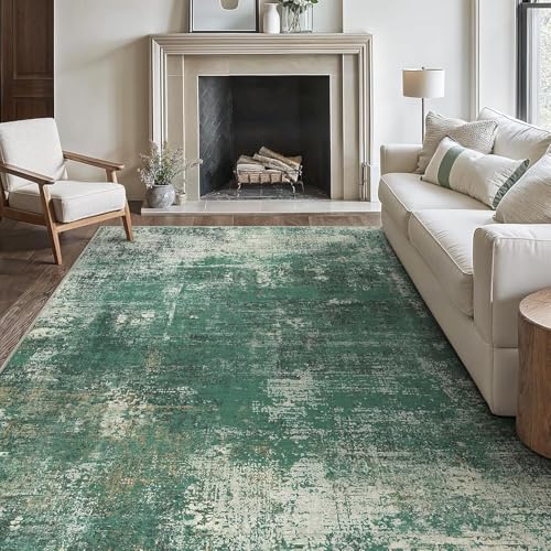 Rug-QJDDUP Teppich Wohnzimmer 160 x 180 cm Teppiche Waschbar Kurzflor rutschfest für Schlafzimmer Bettvorleger Küche Flur Moderne abstrakte Tinte grün gelb von Rug-QJDDUP