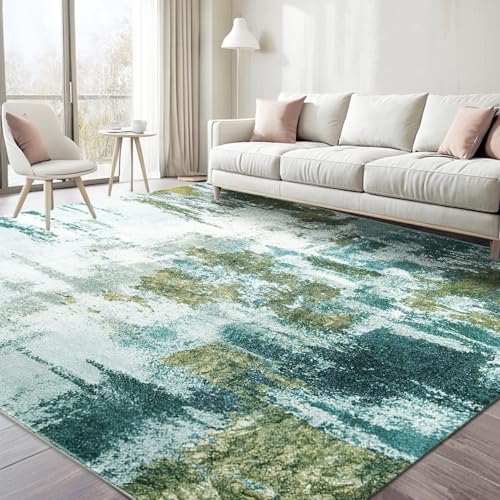 Rug-QJDDUP Teppich Wohnzimmer 160 x 180 cm Teppiche Waschbar Kurzflor rutschfest für Schlafzimmer Bettvorleger Küche Flur Moderne abstrakte Tinte grün von Rug-QJDDUP