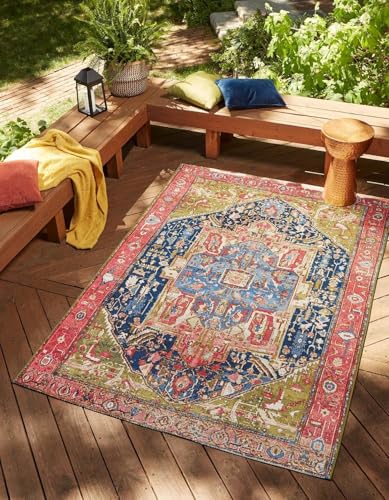Rug-QJDDUP Teppich Wohnzimmer 160 x 180 cm Teppiche Waschbar Kurzflor rutschfest für Schlafzimmer Bettvorleger Küche Flur Retro Blumen rosa gelb blau von Rug-QJDDUP