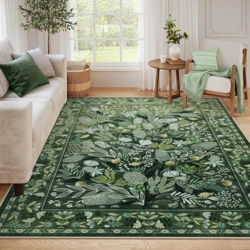 Rug-QJDDUP Teppich Wohnzimmer 160 x 180 cm Teppiche Waschbar Kurzflor rutschfest für Schlafzimmer Bettvorleger Küche Flur modern Retro floral grün von Rug-QJDDUP