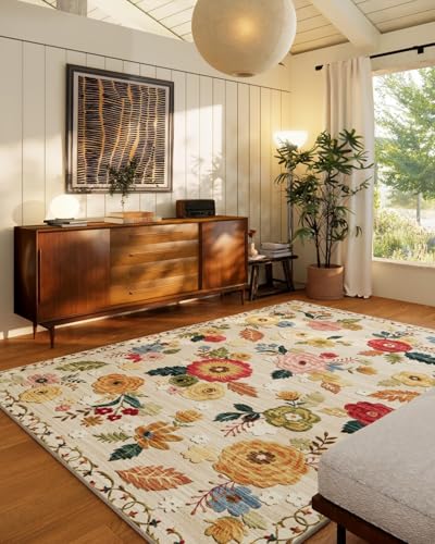 Rug-QJDDUP Teppich Wohnzimmer 160 x 230 cm Kurzflor Rutschfester Weicher Rechteckig Teppich für Schlafzimmer Flur küchen büro Modernes Blumenmuster in Beige, Blau und Gelb Rug-QJDDUP Teppich Wohnzimmer 160 x 230 cm Kurzflor Rutschfester Weicher Rechteckig Teppich für Schlafzimmer Flur küchen büro Modernes Blumenmuster in Beige, Blau und Gelb von Rug-QJDDUP