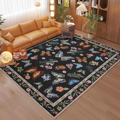 Rug-QJDDUP Teppich Wohnzimmer 160 x 230 cm Kurzflor Rutschfester Weicher Rechteckig Teppich für Schlafzimmer Flur küchen büro Modernes Blumenmuster in Schwarz, Blau und Orange von Rug-QJDDUP