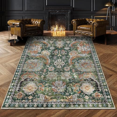 Rug-QJDDUP Teppich Wohnzimmer 160 x 230 cm Kurzflor Rutschfester Weicher Rechteckig Teppich für Schlafzimmer Flur küchen büro Retro Blumen grün orange von Rug-QJDDUP