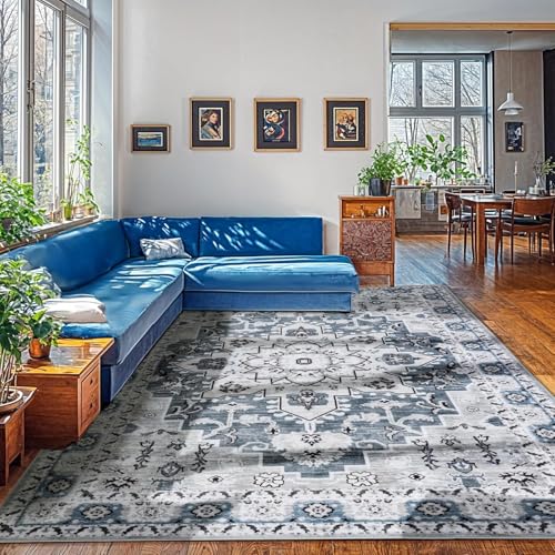 Rug-QJDDUP Teppich Wohnzimmer 160 x 230 cm Kurzflor Rutschfester Weicher Rechteckig Teppich für Schlafzimmer Flur küchen büro Retro floral Ethno-Stil blau grau Rug-QJDDUP Teppich Wohnzimmer 160 x 230 cm Kurzflor Rutschfester Weicher Rechteckig Teppich für Schlafzimmer Flur küchen büro Retro floral Ethno-Stil blau grau von Rug-QJDDUP
