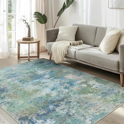 Rug-QJDDUP Teppich Wohnzimmer 80 x 160 cm Teppich Flur Modern Waschbar rutschfest Kurzflor für küchen Schlafzimmer Esszimmer Moderne abstrakte Tinte blau grün von Rug-QJDDUP