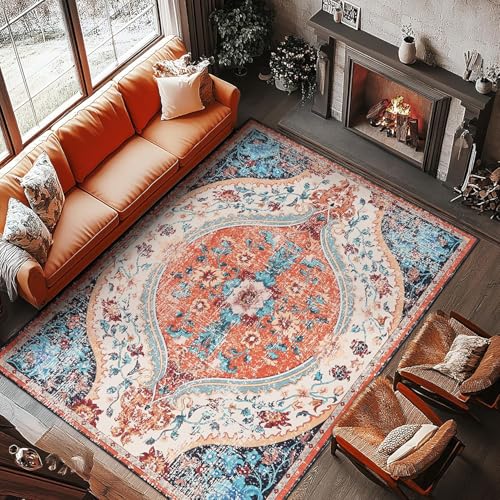 Rug-QJDDUP Teppich Wohnzimmer 80 x 160 cm Teppich Flur Modern Waschbar rutschfest Kurzflor für küchen Schlafzimmer Esszimmer Modernes Retro-Blumenmuster in Orange und Blau Rug-QJDDUP Teppich Wohnzimmer 80 x 160 cm Teppich Flur Modern Waschbar rutschfest Kurzflor für küchen Schlafzimmer Esszimmer Modernes Retro-Blumenmuster in Orange und Blau von Rug-QJDDUP