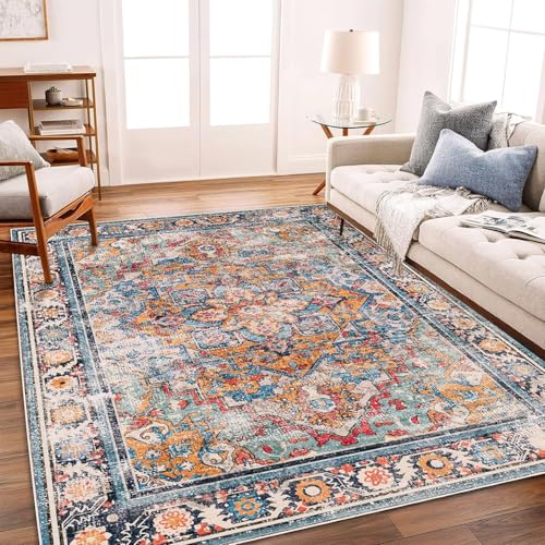 Rug-QJDDUP Teppich Wohnzimmer 80 x 160 cm Teppich Flur Modern Waschbar rutschfest Kurzflor für küchen Schlafzimmer Esszimmer Retro geometrisch orange blau Rug-QJDDUP Teppich Wohnzimmer 80 x 160 cm Teppich Flur Modern Waschbar rutschfest Kurzflor für küchen Schlafzimmer Esszimmer Retro geometrisch orange blau von Rug-QJDDUP