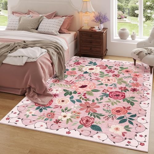 Rug-QJDDUP Teppich Wohnzimmer 80 x 160 cm Teppich Flur Modern Waschbar rutschfest Kurzflor für küchen Schlafzimmer Esszimmer modern floral rosa grün von Rug-QJDDUP