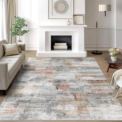 Rug-QJDDUP Teppich Wohnzimmer 90 x 120 cm Anti-Rutsch Waschbarer Teppich für küchen Schlafzimmer Esszimmer Bettvorleger Flur Eingangsbereich Moderne abstrakte Tinte grau orange von Rug-QJDDUP