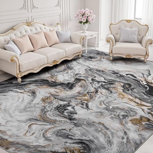 Rug-QJDDUP Teppich Wohnzimmer 90 x 120 cm Anti-Rutsch Waschbarer Teppich für küchen Schlafzimmer Esszimmer Bettvorleger Flur Eingangsbereich Moderne abstrakte Tinte in Grau und Gelb von Rug-QJDDUP